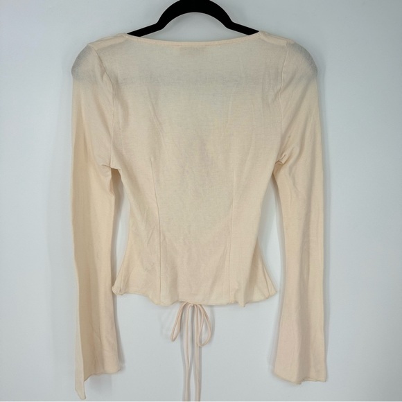 Beige Botany Cream Cutout Lace Up Flare Long Sleeve Bohemian Neutral Top - Picture 2 of 4